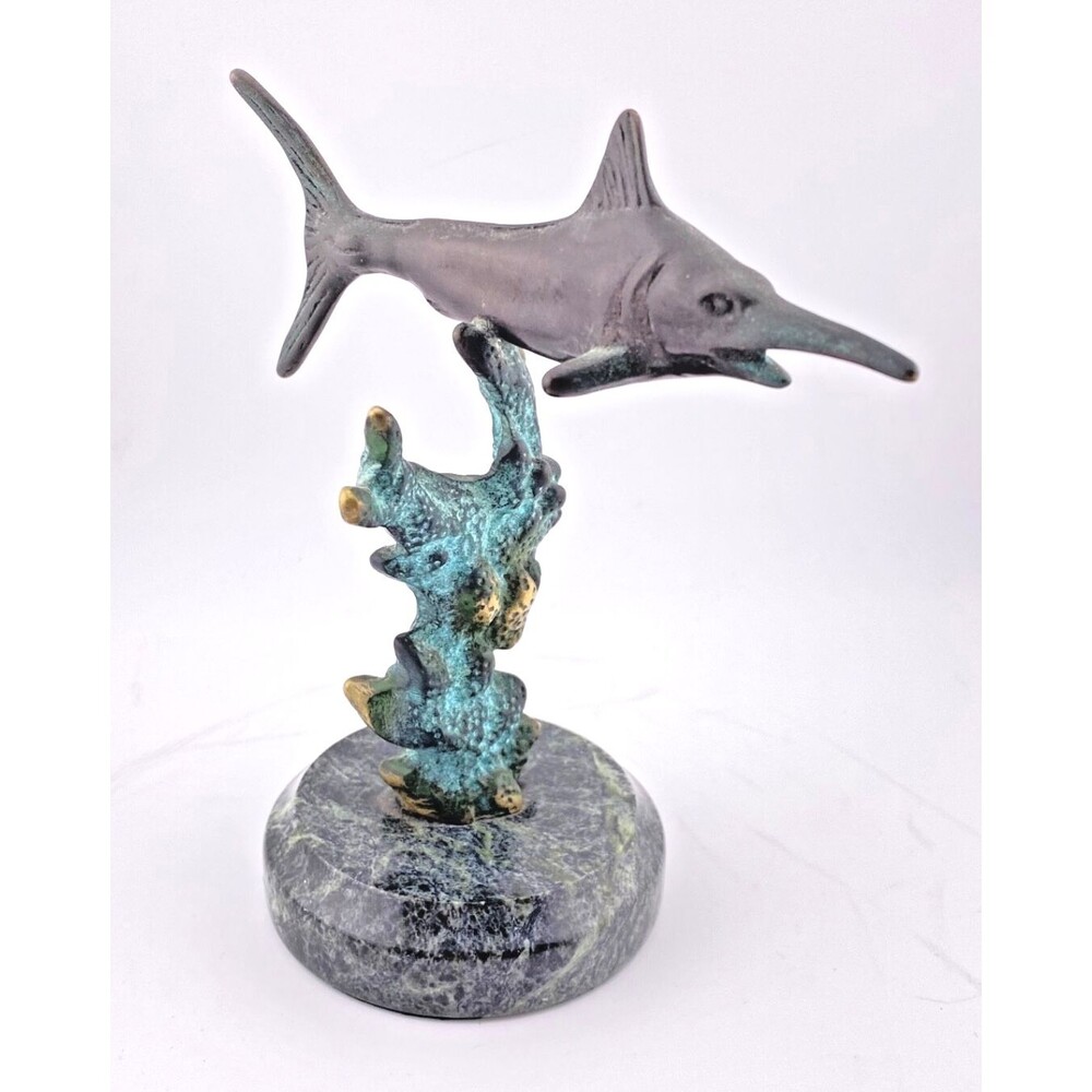 Vtg BRONZE SWORDFISH Marlin SCULPTURE on MARBLE BASE Coral Reef Decor Sea Life